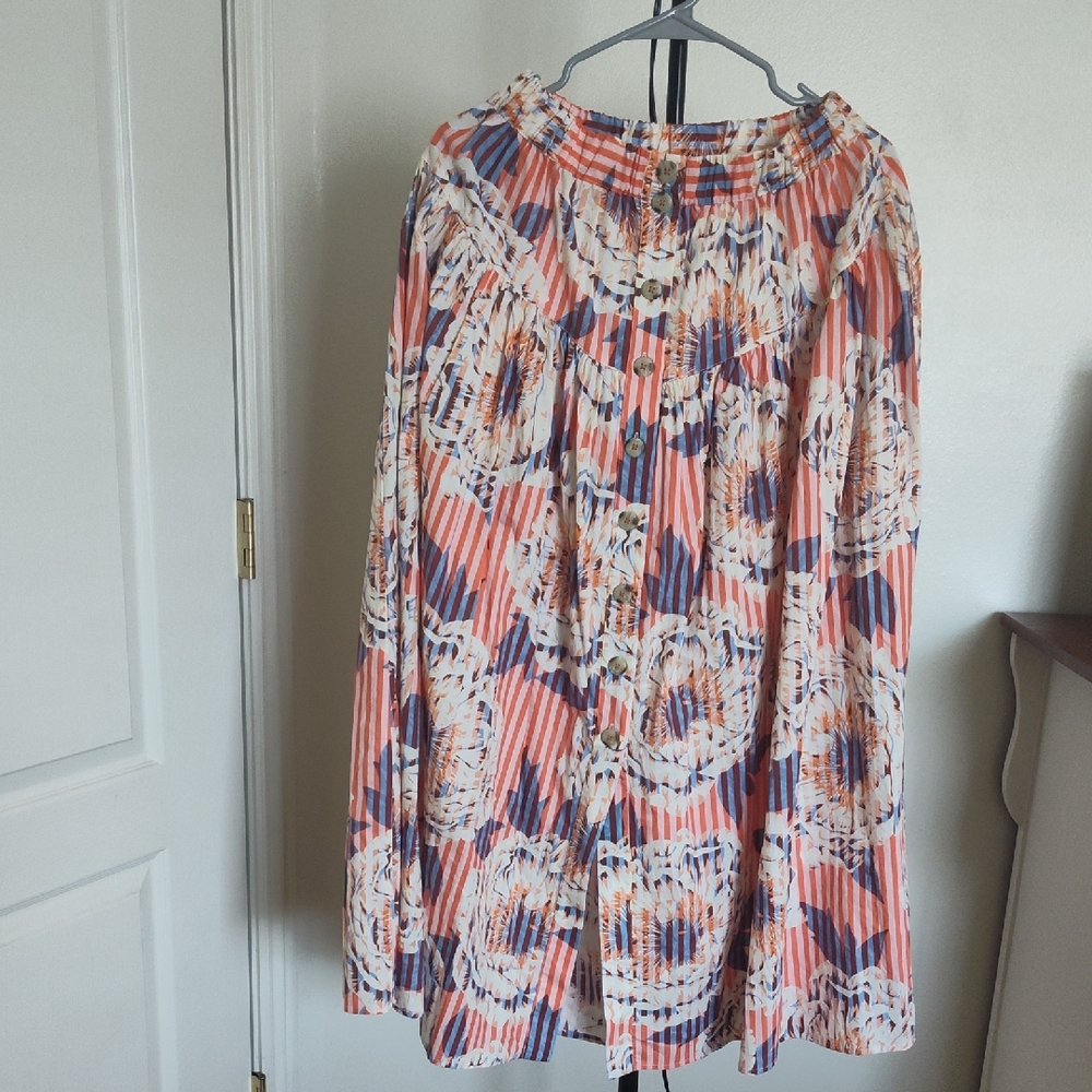 Anthropologie Striped Floral Midi Skirt - Coral and Navy
